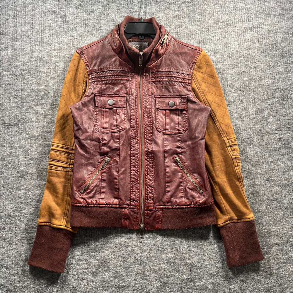 BKE Outerwear Mixed Media Faux Leather Moto Jacket Burgundy Tan Small